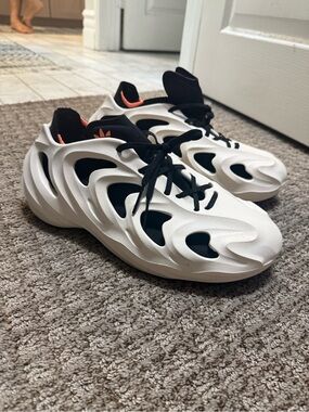 adidas White Sculpted Runner Sneakers with Black and Orange Trim